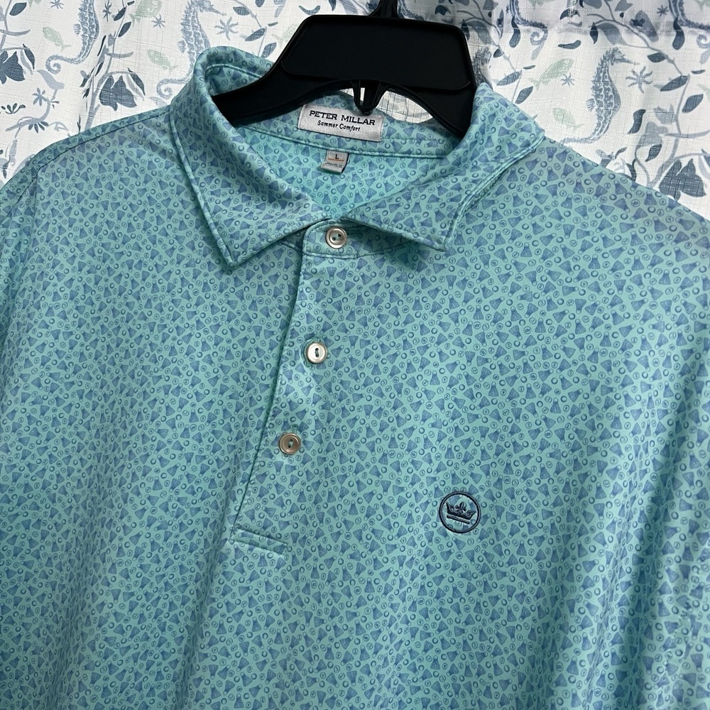 Peter Millar Summer Comfort Polo Mens L Blue Geometric Badminton Shuttlecock